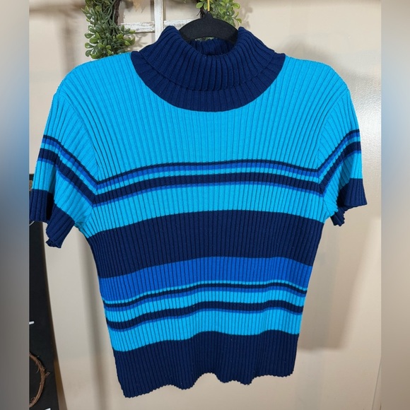 Fashion bug vintage mock neck sleeveless striped  sweater size Large Blue - Picture 1 of 5